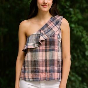 Cloth & Stone One Shoulder Ruffle Plaid Top Size Medium